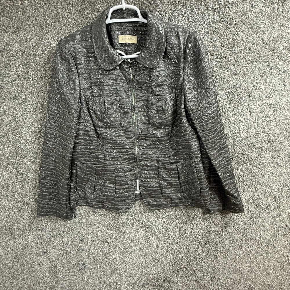 Guerral Womens Metallic Pewter Gray Pleated Zip Front Jacket Peter Pan Collar